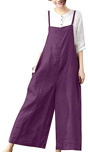 YESNO Women's Ladies Dungarees Summer Casual Wide Leg Overalls Cotton Baggy Jumpsuits with Pockets XL PZZTYP2UK PURPLE