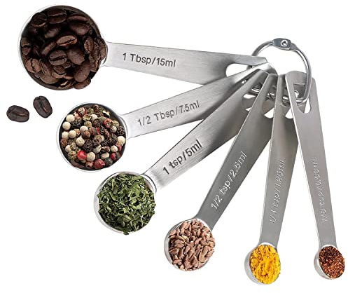 Messlöffel Set Edelstahl, 6-teilig – 1/8 TL, 1/4 TL, 1/2 TL, 1 TL, 1/2 EL & 1 EL, Messlöffel aus Metall, Esslöffel und Teelöffel zum Messen von flüssigen und trockenen Zutaten…