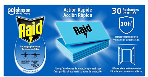 Raid Recharges Prise Anti-Moustiques Plaquettes Inodore - Moustiques & Moustiques Tigres - 30 Recharges Plaquettes