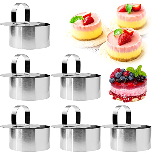 AMJKEJI 6 Pcs Cake Ring Moulds Stainless Steel Mousse Rings Diameter 8cm Circle Cake Mold Round Dessert Non-Stick Baking Tools with Pusher for Cooking Crumpets Eggs Pastry Mousse