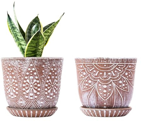 Gepege 6 Inch Beaded Ceramic Planter Set of 2 with Drainage Hole and Saucer for Plants, Indoor-Outdoor Large Round Succulent Orchid Flower Pot