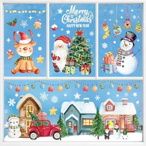 209 Stk Fensterbilder Weihnachten Selbstklebend, Fensterdeko Weihnachten Wiederverwendbar, Weihnachtsfensterbilder Kinder Doppelseitig Bunt, Fensterbild Weihnachten mit Häuser sterne schneeflocken