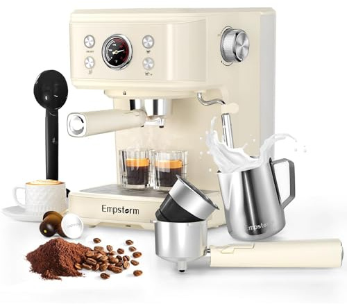 Empstorm Espresso Machine 20 Bar, 2 in 1 Espresso Maker with Milk Frother Steam Wand for Latte and Cappuccino, Powder and Capsule Portafilter, 50oz Removable Water Tank Coffee Machine for Home-White