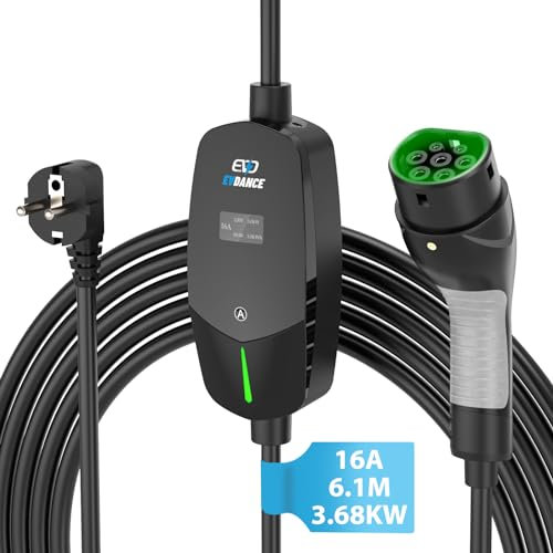 Chargeur Voiture Electrique 3.68KW [6.1m|6-16A] IEC 62196-2 Câble de Charge Portable de Type 2 avec Sac de Transport pour EV PHEV & PEV, avec écran OLED, Étanchéité IP66 - EVDANCE