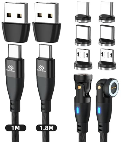 Trescopes 6-in-1 PD100W Magnetic Charging and Data Cable swivel, USB A/C to Type C, I-Products and Micro USB 1 Meter + 2 Meter [2 Pack]