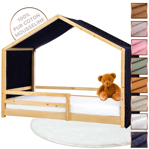 Lovely Hippo Hausbett Himmel - 100% Baumwolle Betthimmel Hausbett aus Musselin - Bett Vorhang Kinderbett - Himmelbett Vorhänge für 90x200 (Nachtblau/Gold, 97 x 402cm)