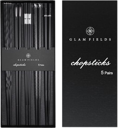 GLAMFIELDS 5 Pairs Premium Chopsticks Reusable Dishwasher Safe 9.5 Inch Fiberglass Chop Sticks Gift Set Non Slip Black + Silver