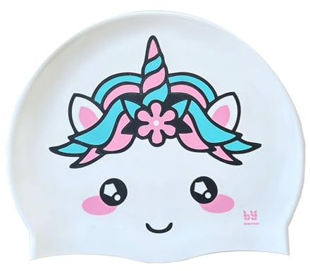 BONDYUEN Swim Cap Fit Kids Boys Girls Men Women with Short or Medium Hair Fun Cute Design Patterns Silicone Swimming Caps (White Unicorn)