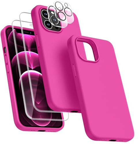 Dssairo [5 in 1 für iPhone 12 Pro Max Hülle 6,7 Zoll, mit 2 Pack Displayschutzfolie + 2 Pack Kameraobjektivschutz, Flüssigsilikon Ultra Slim Stoßfest Schutzhülle Handyhülle (Hot Pink)