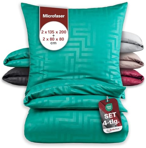 BaSaTex Bettwäsche Set Prägedruck, 4-TLG., 135x200 cm, Grün | Öko_Tex Zertifiziert, 100% Mikrofaser, Reißverschluss, Hochwertiger Prägedruck