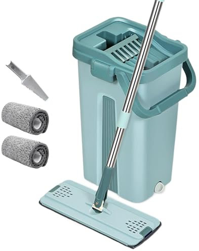 Trapeador y cubo – Kit de fregona plana de manos, mopa ajustable sin cubo, cubo de fregona autofregona | Mopa de piso compacta portátil ligera con cubo, de fregona industrial para todos los