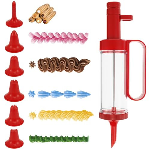 Ghopy Cookie Press Set DIY Cookie Press Kit with 6 Icing Tips Removable Cookie Decorating Press Multifunctional Cookies Maker Kit for Making and Decorating Cookies Biscuits Desserts .(gules)