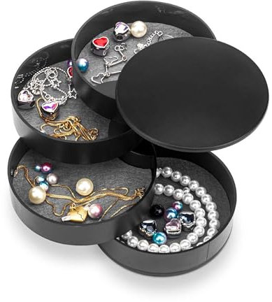 Lunyloer Boîte à bijoux ronde rotative à 4 niveaux - 10 x 10 cm - Pour bagues, boucles d'oreilles, colliers, filles - Noir