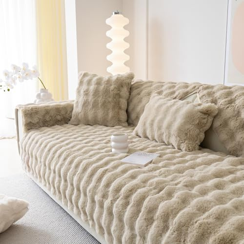 Alishomtll Plüsch Sofabezug Ecksofa 1/2/3/4 Sitzer, Universelle rutschfeste Sofa Überzug, L Form Couch Überzug Sofaschoner, Waschbar Sofaüberwurfe Sofadecke für Wohnzimmer, Khaki 70x180cm