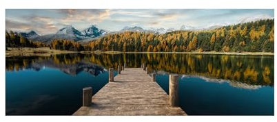 STYLER Glasbild Swiss Alps 50 x 125 cm I Naturmotiv See Steg Alpen Panorama Herbstwald I Modernes Wandbild auf Glas I Hochglanz Wanddeko Wohnzimmer Schlafzimmer