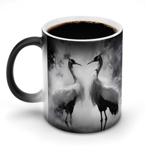 KWQDOZF Taza de cerámica con efecto de cambio de color y diseño de grulla de corona roja bailando, personalizada, para café, té, tazas de porcelana
