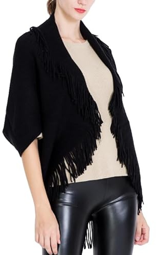 LIUYUYOUGO Poncho Damen,Strickponcho Mit Ärmeln Damen Boho Quaste Schal Wickeltuch Eleganter Offener Cardigan Schal Mit Fledermausärmeln Herbst Winter Weicher Warmer Cape Strickpullover Oberbeklei