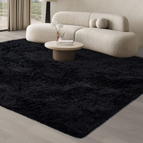 JOJOSEE Hochflor Teppich Wohnzimmer 200 x 300 cm Schwarz | Anti-Rutsch Wohnzimmerteppich Waschbarer Flauschiger Teppich für Schlafzimmer & Kinderzimmer