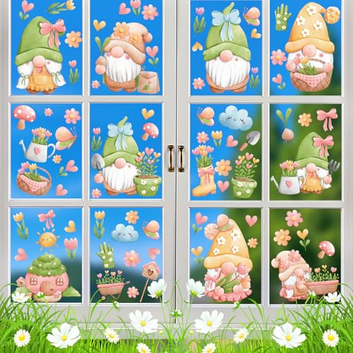 Zindoo Fensterbilder Frühling Frühlingswichtel 86 PCS Doppelseitig | Fensteraufkleber für Fensterdeko mit Frühlingswichteln, Blumen, Pflanzkübeln und Gießkannen, Statisch Haftend, Ohne Kleber
