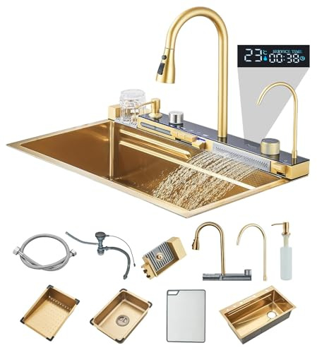 Suguword Waterfall Brushed Gold Kitchen Sink, Undermount/Drop in Single Bowl Kitchen Sink With Pull Down Spray Head Faucet, Farmhouse Workstation Sink with Multiple Accessories, 29.5x18 Inch