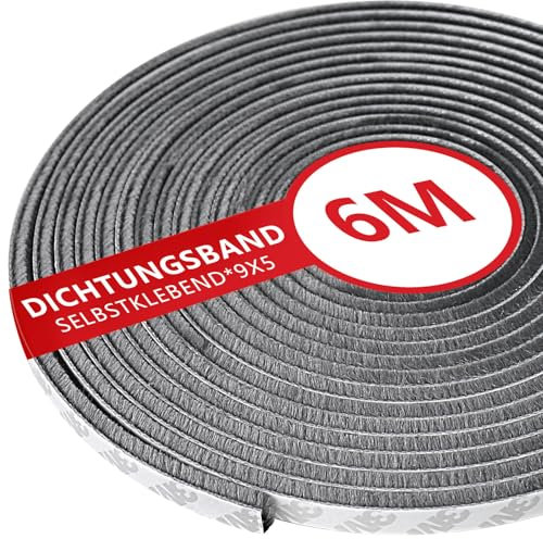 TiuTio 6M Bürstendichtung, selbstklebende Türdichtung, 9 mm (B) x 5 mm (H), ideal für Rolläden, Schiebetüren, Fenster, Insektenschutz, graue Bürstendichtung