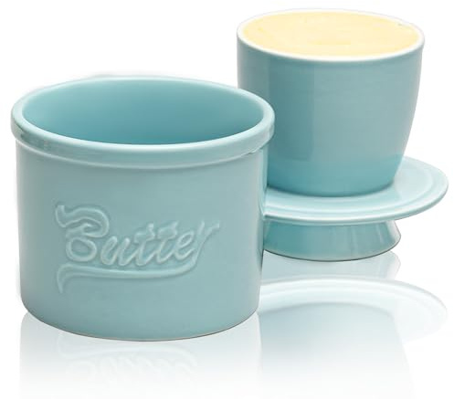 LUMIN TUTU Butterdose Keramik, Wassergekühlte Butterglocke für streichzarte Butter, Französische Butterdose mit Deckel, Wasserlinie für optimale Frische, Stilvolles Vintage-Design, Himmelblau