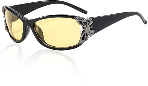 Zcbzbn Lunettes de conduite de nuit pour femmes, lunettes de vision nocturne polarisées, lunettes de sécurité de conduite anti-éblouissement, verres jaunes haute définition, décoration papillon, Noir