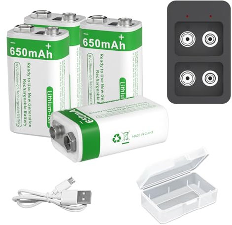 Pilas Recargables de 9V con Cargador y Cable USB, Pila Litio Recargable 650mAh (5850mWh) para Detector Humo, Multímetro, Mando a Distancia, Micrófono Inalámbrico, Guitarra Eléctrica (4 Pcs)