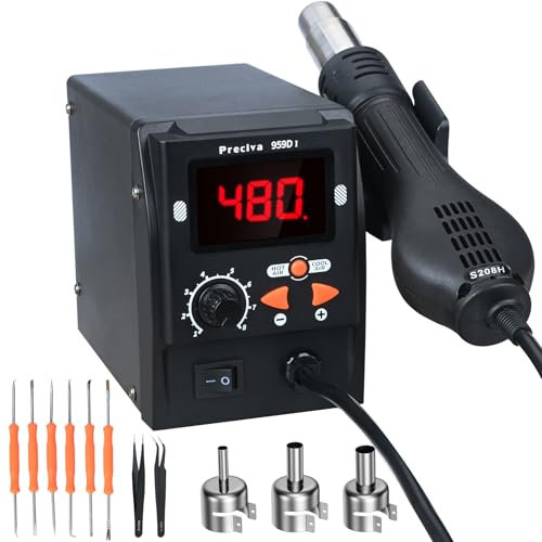 959D-I Hot Air Rework Station, Preciva 700W Heat Gun for SMD Soldering and Desoldering with LCD Screen, 3 Nozzles, 2 Tweezers, 6 Desolder Tools, Adjustable Temperature and Volume, Auto Start/Stop