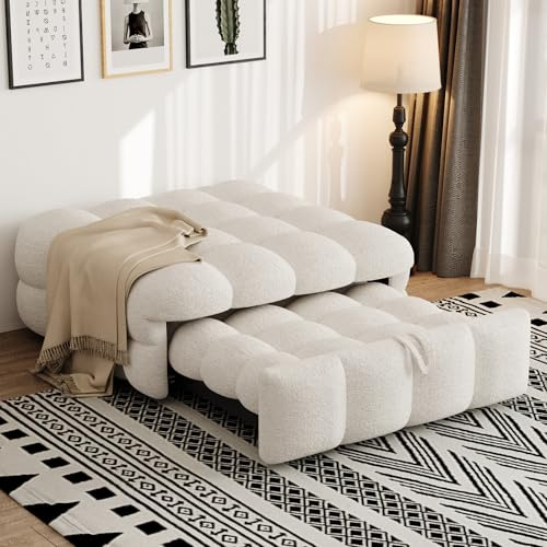 Idemon Polsterbett, 2-in-1-Fußhocker, Ausziehbares Schlafsofa, Einzelbett, Puffy-Bett,Teddy-Stoff，183 x 76 x 42 cm (Beige)