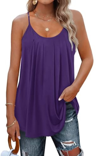 SENBATU Débardeur Femme Bretelles Spaghetti sans Manches Hauts D'été Femme Plissé Col Rond Chemisier Uni Violet XX-Large 2XL 50-52