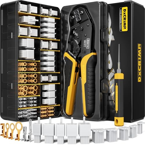 DxCRIMP Kit de Herramientas para Crimpado de Terminales Automotrices, Crimpadora con Trinquete para Conectores de 2.8mm (2/3/4/6/9 Pines) y AWG 24-14, Incluye Extractor y Kit de Conectores