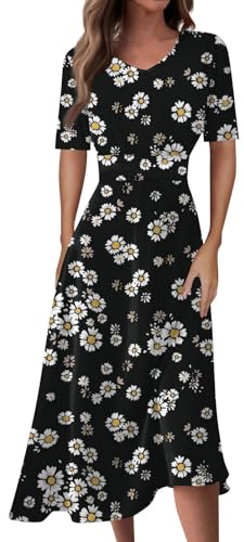 Damen Kleid Sommer Midi A Linie Sommerkleid Elegant Blumen Midikleid V Ausschnitt Sommerkleider Frauen Leicht Luftig Kleider Kurzarm Blumenkleid Geblümt Strandkleid Luftige Freizeitkleid