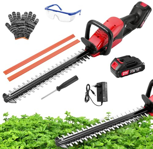 Taille-haie électrique sans fil professionnel avec batterie et chargeur, longueur de lame 52 cm avec gants, épaisseur de coupe 15 mm, double lames de coupe, poignée réglable