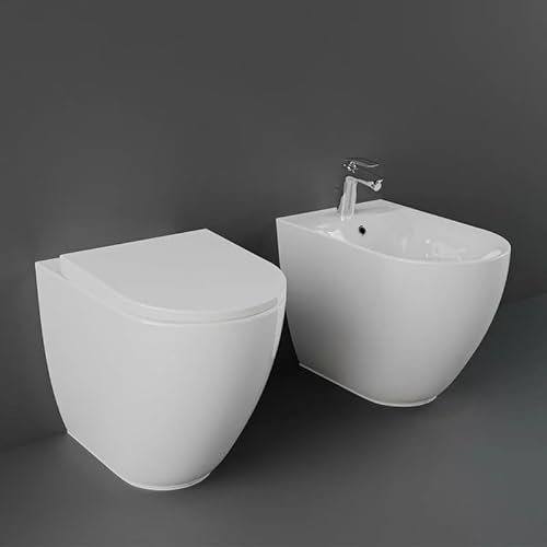 SANITARI IN CERAMICA FILO MURO VASO, BIDET E COPRI-WC SOFT-CLOSE MOD.RAK DES COLORE BIANCO LUCIDO