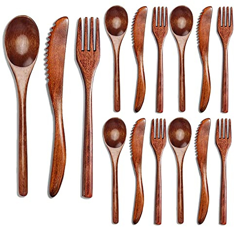 15 Pcs Wooden Cutlery Set, Knife Fork Spoons Crockery Mixed Cutlery Set | Reusable 5 Spoons, 5 Forks, 5 Butter Knives, Wood Utensil Set Kitchen Cutlery Flatware Tableware for Home Travel Camping