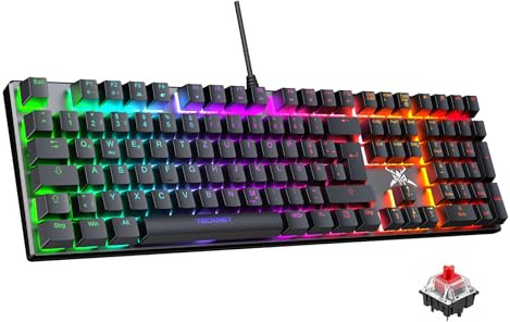 TECKNET Mechanische Gaming-Tastatur, QWERTZ, Red Switch, Anti-Ghosting | 109 Tasten, Kabelgebunden, Tasten Programmierbar. 24 LED-Modi (Atmend, Welle, Regen etc.). Ideal für Gamer & Büro