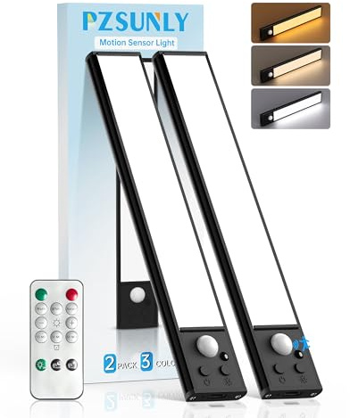 PZSUNLY Led Sottopensile Cucina con Telecomando, 2 pezzi Luce Led Sottopensile con Sensore di Movimento,Dimmerabile, Magnetica, Ricaricabile Luce Armadio per Corridoi, Armadi, Cucine (20cm, Nero)