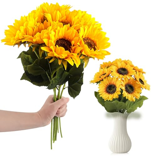 Phlognfy Kunstliche Sonnenblumen Einzelstiel, 9Pcs Künstliche Sonnenblumen Deko, Geeignet für Gartenpartys, Hochzeiten, Wohnzimmer Tischdekorationen
