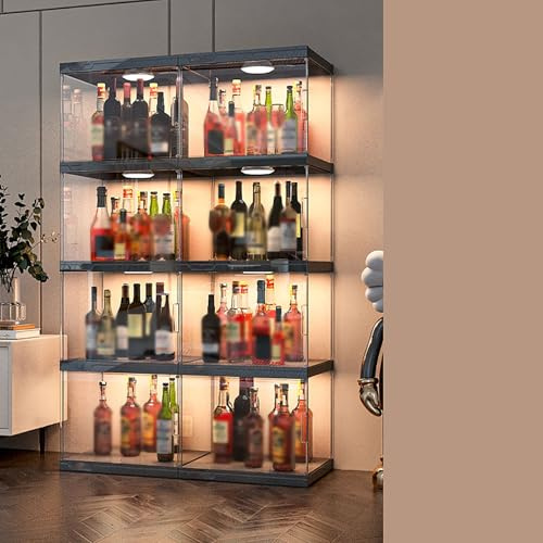 Weinschrank mit LED-Licht, transparentes Likör-Aufbewahrungsregal, multifunktionale Vitrine für Hausbar, Esszimmer, Küche, Wohnzimmer, große Kapazität