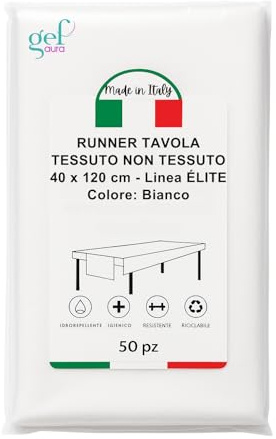 Gef Aura - 50 Centrotavola Monouso Bianco, Effetto Tessuto in TNT 40x120 cm, Runner Tavolo Decorativo e Idrorepellente, OEKO-TEX® Classe I, Made in Italy, per Ristoranti, Catering, Eventi e HoReCa