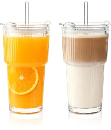 LOOFORE Iced Coffee Glass Cup with Straw and Lid 600ml 20oz - 2 Pack Glass Tumbler, Clear Reusable Leakproof Drinking Glasses for Smoothies, Latte, Matcha, Beer, Cola, Juice, Soda, Cold Drinks