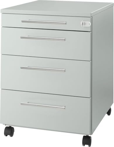 Rollcontainer mit Schubladen abschließbar, Büroschrank mit Rollen, Schreibtisch Schrank, Schubladenschrank 60 cm hoch, Rollcontainer lichtgrau, Schubladenelement, Schreibtisch Container Metall