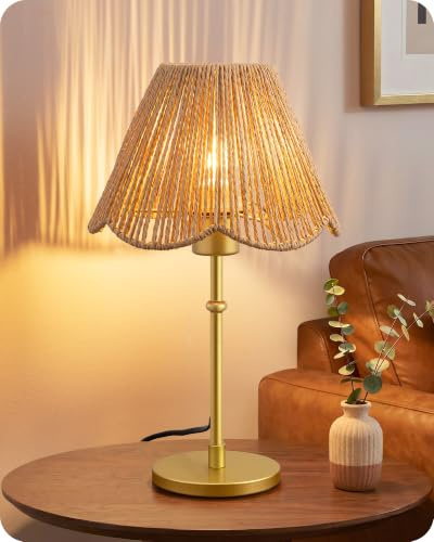 EDISHINE Lámpara Mesa E27, Pantalla Cuerda Papel, Base Metálica Dorada | Blanco Cálido 2700 K, Pantalla de Cuerda de Papel Trenzada a Mano, Bombilla LED Incluida, Decorativa para Dormitorio, Salón