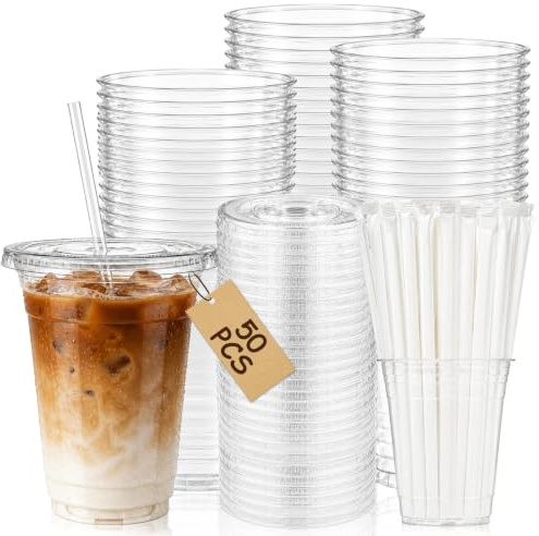 dabinzhijia Vaso de Plástico Reutilizable con Tapa y Pajita, Vaso Transparente de PET para Café Frío, Smoothie, Bubble Tea, Matcha, Zumos y Bebidas Frías, Vaso para Llevar para Casa