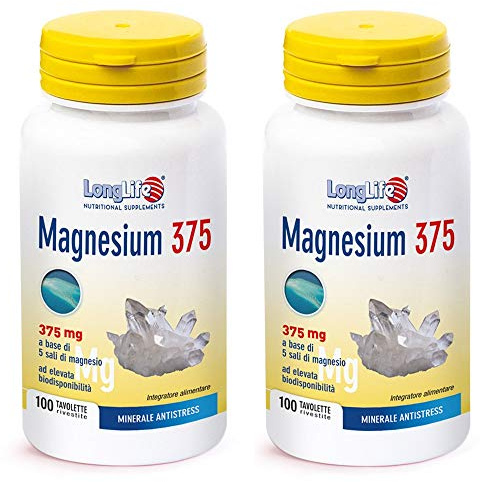 2x Long Life - Magnesium 375-100 tavolette | Integratore di Magnesio con funzione antiossidante | Pacchetto da 2 confezione da 100 compresse