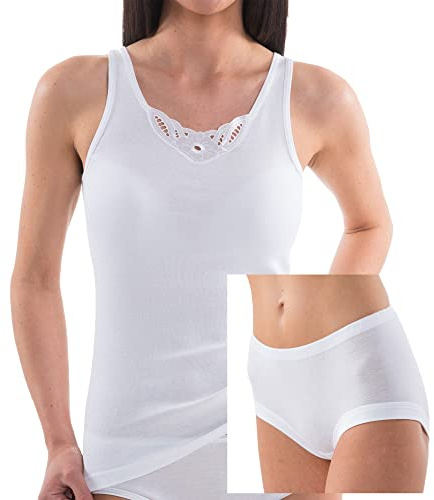 HERMKO 11101 Damen Set Klassik - Spitzenhemd + Taillenslip aus 100% Bio-Baumwolle, Farbe:weiß, Größe:46 (L)
