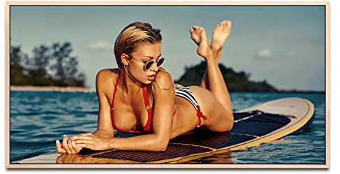 Frau auf Surfboard ca. 130x70cm Wandbild inklusive Schattenfugenrahmen naturfarbend - Panorama Leinwand Bild XXL Format Wandbilder Wohnzimmer Wohnung Deko Kunstdrucke