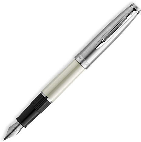 Waterman Emblème Fountain Pen, Ivory with Chrome Trim, Fine Nib with Blue Ink Cartridge, Gift Box