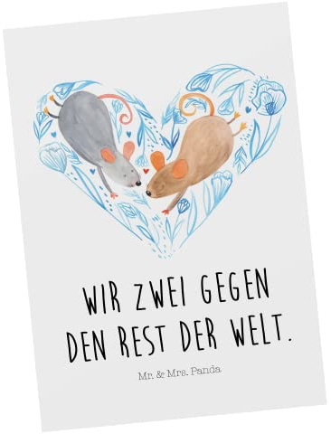 Mr. & Mrs. Panda Postkarte Mäuse Herz - Geschenk, Hochzeit, Liebesgeschenk, Grußkarte, Postkarten, für Immer, Fotokarte, Liebe, Ansichtskarte, Maus, Ansichtskarten